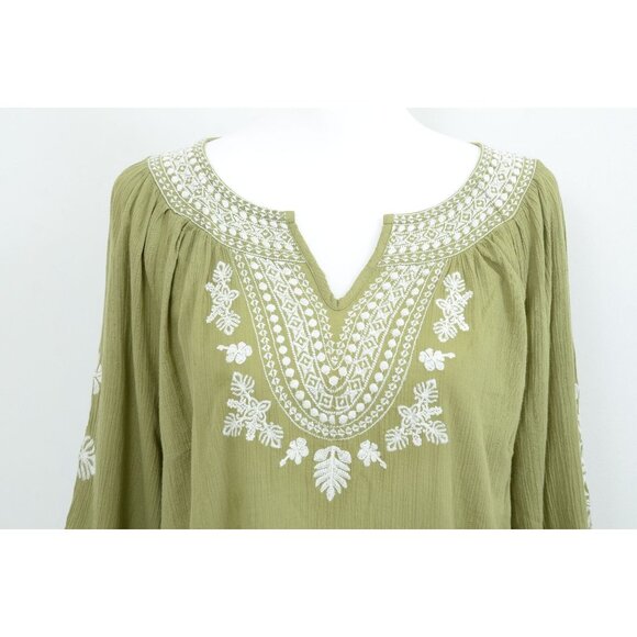 Talbots Olive Green Embroidered Peasant Blouse Size M Cotton 3/4 Sleeve Boho - Picture 2 of 8